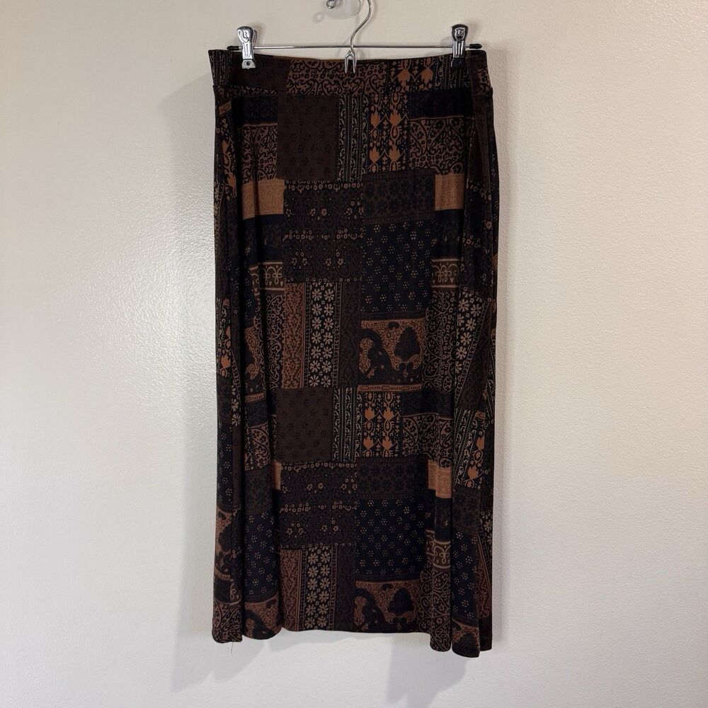 Vtg 90s Y2K Midi Skirt Jaclyn Smith L Patchwork Paisley Brown Liquid Slinky Knit